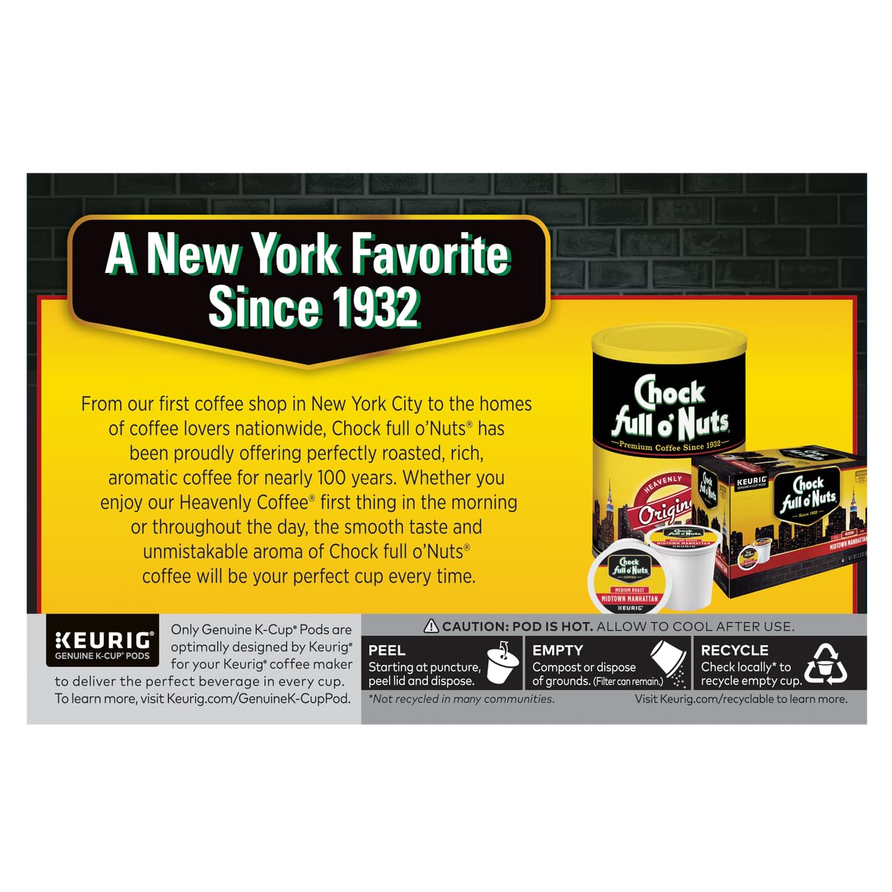 Chock Full o'Nuts Midtown Manhattan Coffee, Compatible with K-Cup Pods, 12 CT (Pack of 3)