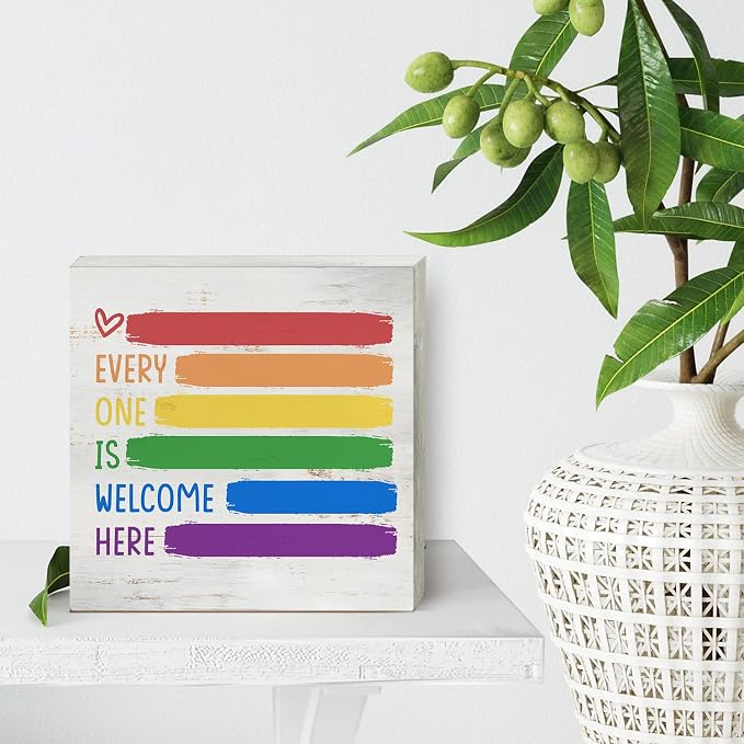 Every One is Welcome Here Wood Box Sign Decor Rustic Pride Rainbow Quote Wooden - Image 4