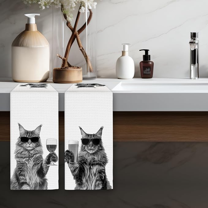 Maine Coon Gifts Wine Kitchen Towels Set of 2, Funny Maine Coon Cat Wine Lover - Image 5