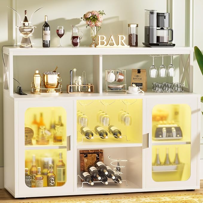 Aheaplus Bar Cabinet with Power Outlet, Liquor Cabinet with Led Lights and by Aheaplus