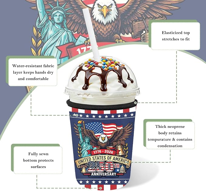 3 Pack Reusable Insulated Neoprene Iced Coffee Cup Sleeve 250th Anniversary USA - Image 6