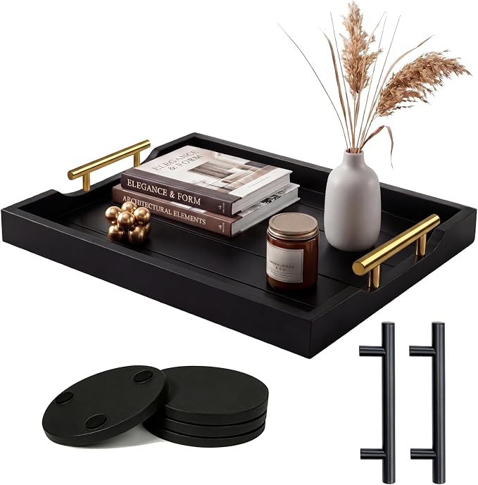 Wood Serving Tray with Metal Handles, 17x13in Large Wooden Tray by Comfytune
