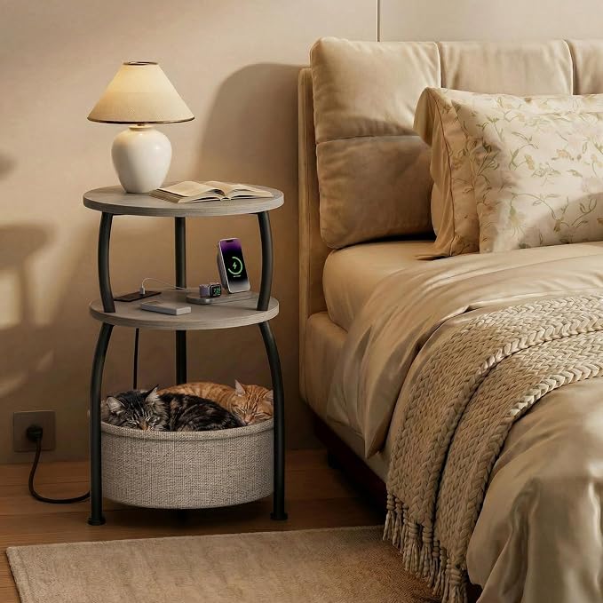 Round Side Table with Charging Station, USB Type C Port, Greige | End Table - Image 2