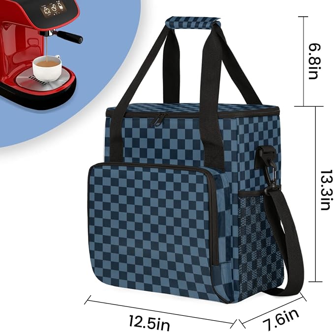 Checkerboard Dark Blue Coffee Maker Carrying Bag, Waterproof Insulated - Image 2