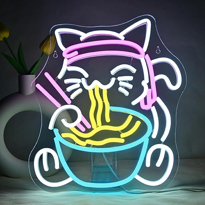Fortune Cat Ramen Neon Signs for Wall Decor Japanese Cat LED Neon Light USB by JURONGYILU