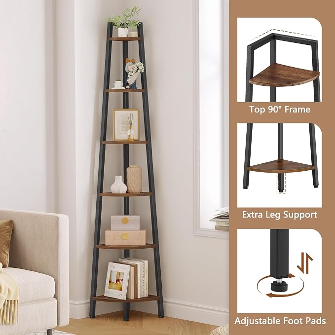 Hoctieon Corner Shelf, 6-Tier Corner Bookshelf, Rustic Ladder Shelf, Industrial - Image 3