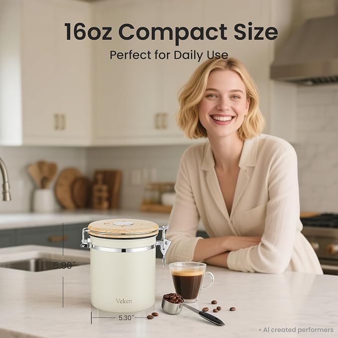 Veken Coffee Canister, Airtight Stainless Steel Kitchen Food Storage Container - Image 2