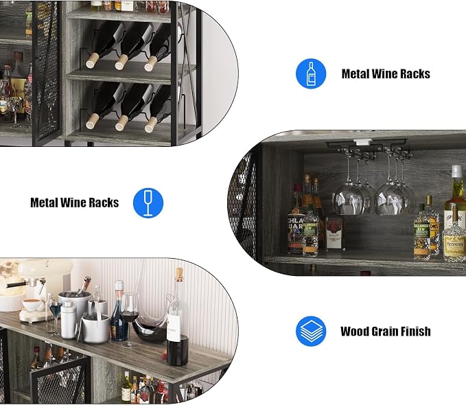 55" Wine Bar Cabinet with LED Light, Wine Rack & Glass Holder, Mesh Doors & - Image 5
