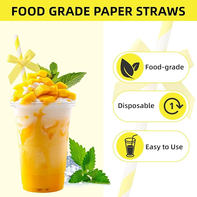 20pcs Yellow Bow Straw, 7.7inch Cake Pops Treat Sticks Biodegradable Cute Paper - Image 4
