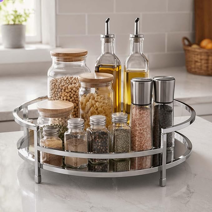 Round 12" Silver Mirror Decor Tray, Metal Mirror Serving & Glass Vanity & - Image 2