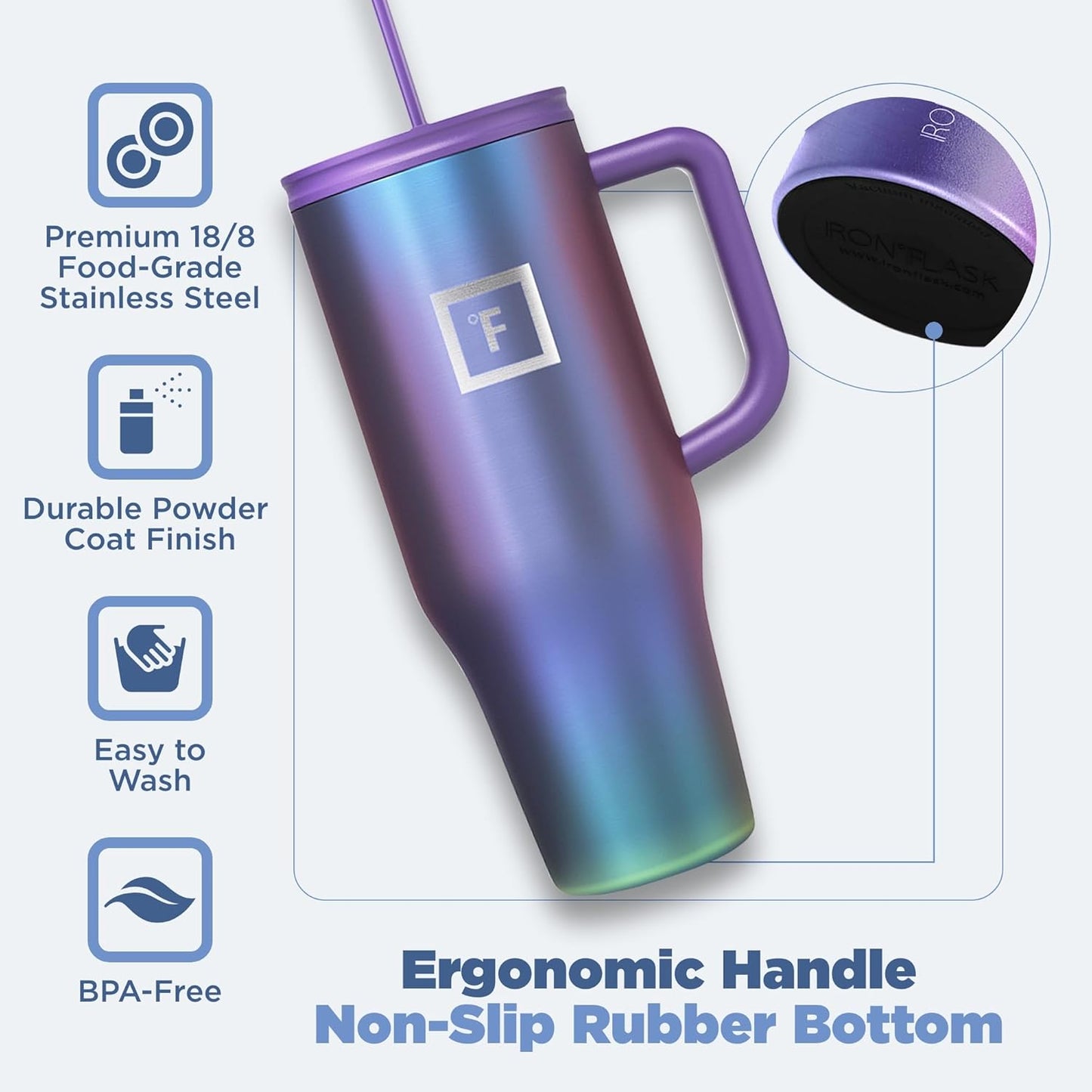 IRON °FLASK Co-Pilot Insulated Mug w/Straw & Flip Cap Lids - Cup Holder Bottle for Hot, Cold Drink - Leak-Proof- Water, Coffee Portable Travel Tumbler - Sage, 40 Oz