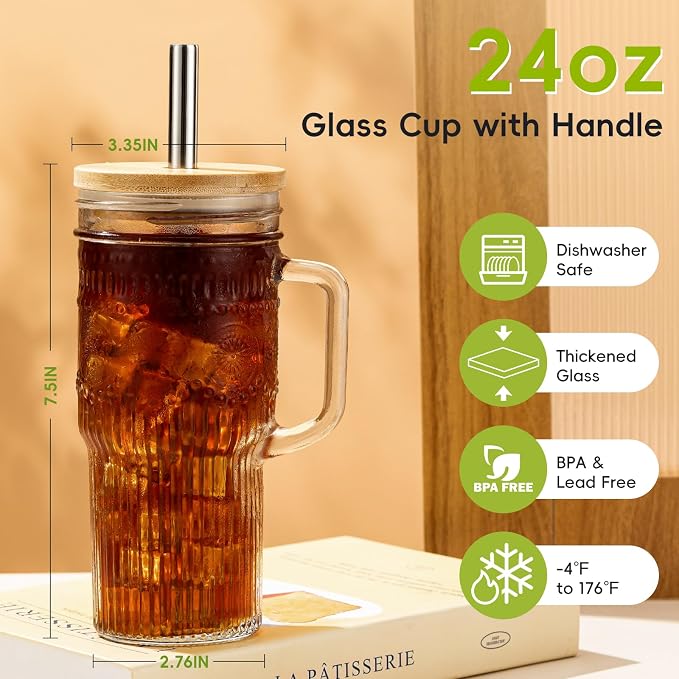 JunVpic Glass Cups with Bamboo Lids and Straws, 24oz Glass Tumbler with Handle - Image 3