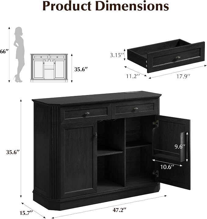 47" Wine Bar Cabinet with LED Light & Power Outlets, 2 Door Coffee Bar Cabinet - Image 2