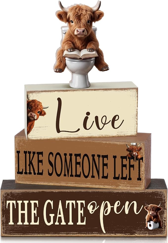 Geelin 4 Pcs Highland Cow Bathroom Decorations Bathroom Wooden Table by Geelin