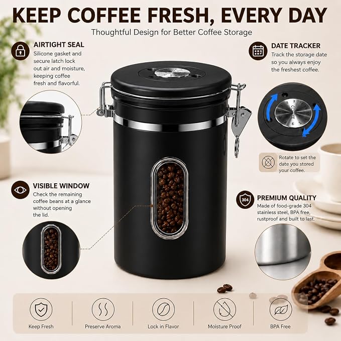 Black Coffee Canister Airtight 22oz Stainless Steel Coffee Bean Storage - Image 3