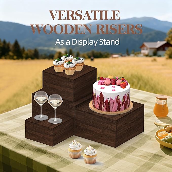 6 PCS Wooden Buffet Risers, Rustic Wood Cake Cupcake Stands, Square Food Risers - Image 4