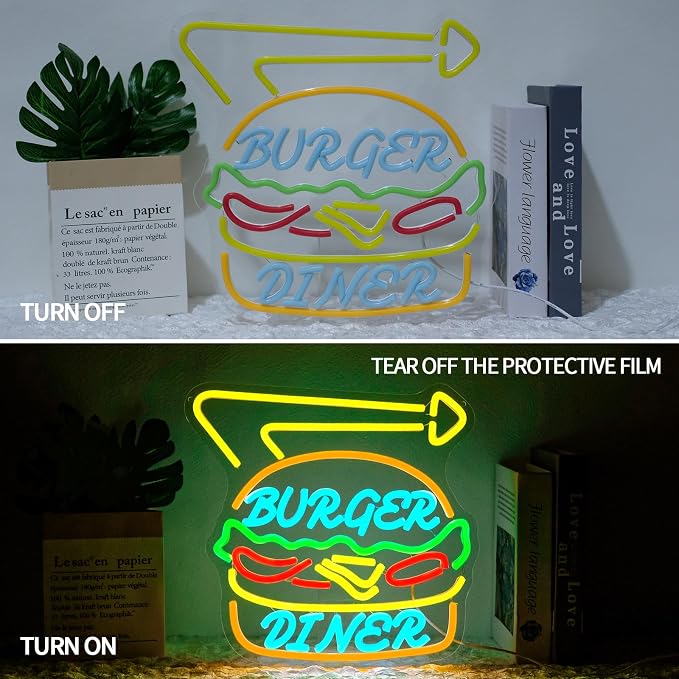 Diner Burger Neon Sign for Bussiness Dimmable Hamburger Neon Light Sign for - Image 5