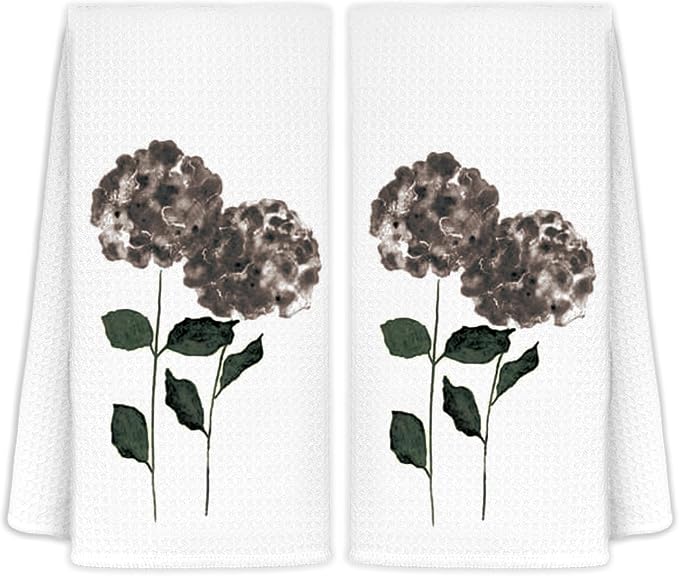 Black Hydrangea Flowers Floral Kitchen Towels Set of 2, Hydrangea Decorative by LoveandHome