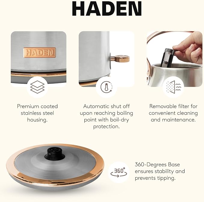 Haden Heritage 1.7 Liter Stainless Steel Electric Kettle, Hot Water Kettle - Image 3