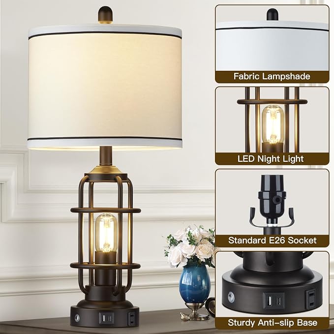 Modern Table Lamps Set of 2, Industrial 3-Way Dimmable Bedside Lamp - Image 4