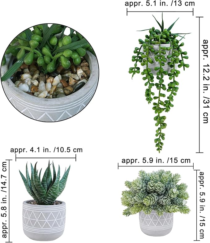 Winlyn Set of 3 Mini Faux Succulent Potted Plants Artificial Aloe Hops String - Image 2