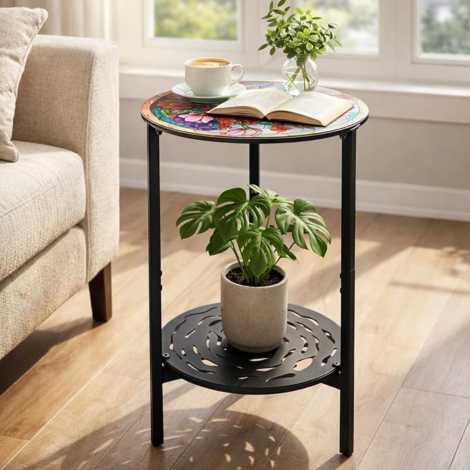 2-Tier Metal Round Side Table Accent Coffee Tables Small Space Corner Plant - Image 2
