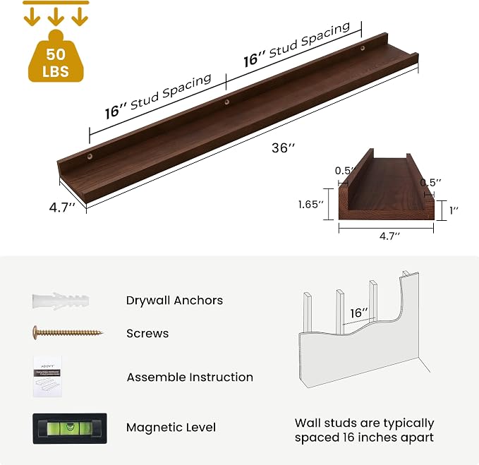 Acovy Solid Ash Wood Picture Ledge Shelf, 36 Inch Floating Shelves - Image 3