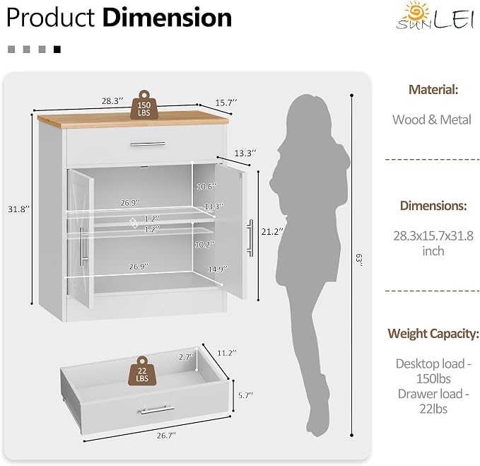 SUNLEI Coffee Bar Cabinet, Wooden Storage Cabinet - Image 2