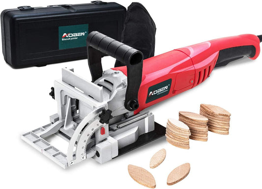 AOBEN Biscuit Cutter Plate Joiner 8.5 Amp With No. 0 Wood(30 Pcs) No. 10 Wood(30 Pcs) No. 20 Wood(50 Pcs), 4" Tungsten Carbide Tipped Blade, Adjustable Angle And Dust Bag