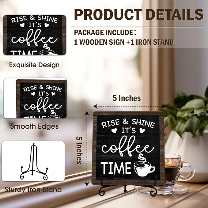 Rustic Coffee Bar Decor, Rise & Shine It's Coffee Time Wood Plaque - Image 2