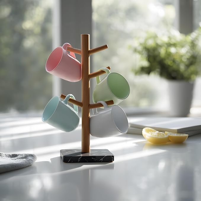 Buruis Wood Mug Holder, Marble Base Cup Rack Tree, Kitchen Coffee Mug Tree - Image 2
