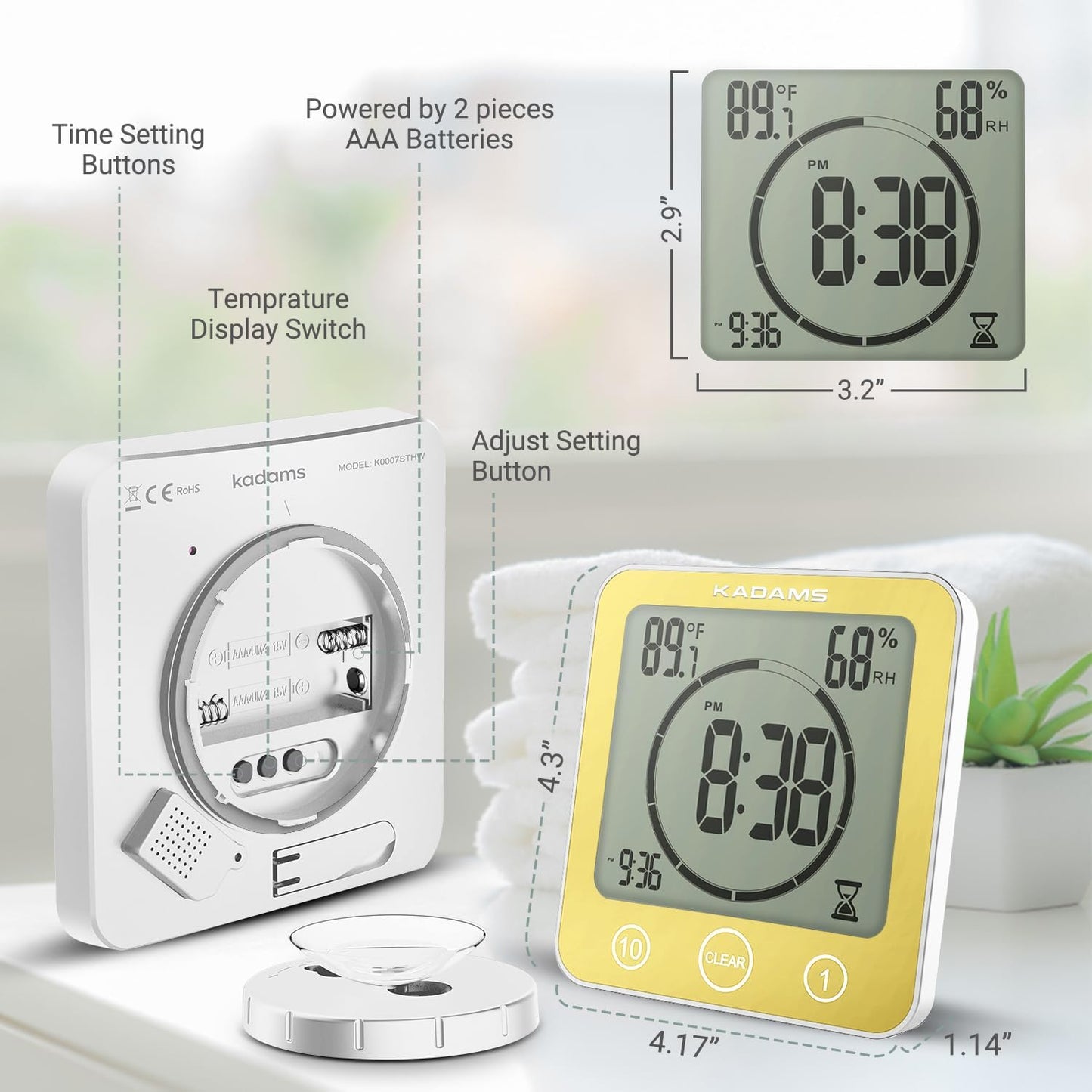 KADAMS Shower Clock Waterproof Bathroom Timer – Digital Wall Clock with Countdown, Magnetic Kitchen Clock with Temperature & Humidity, Suction Cup for Kids Shower Spa Sauna Cook Bath (Yellow)