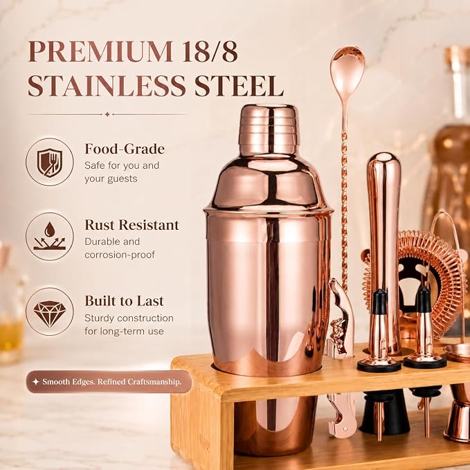 Rose Gold Cocktail Shaker Set, Premium 18/8 Stainless Steel Mixology Bartender - Image 3