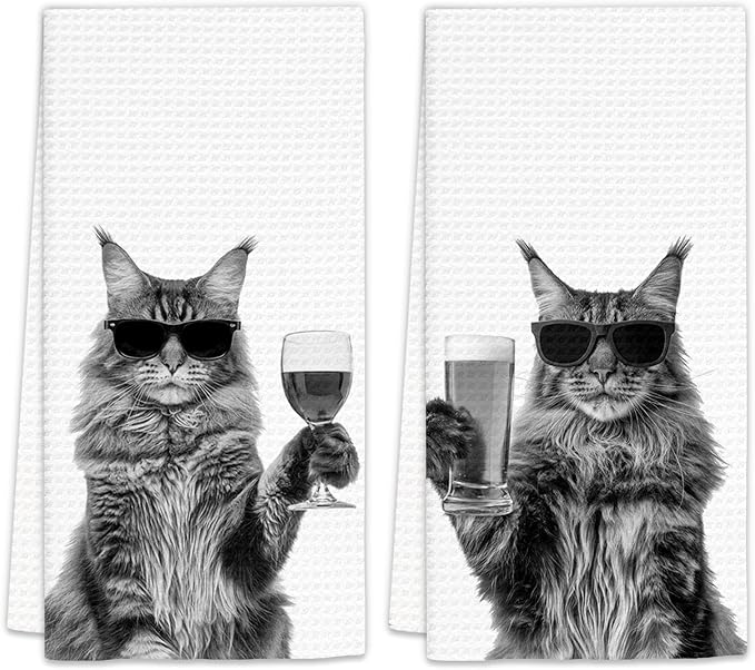Maine Coon Gifts Wine Kitchen Towels Set of 2, Funny Maine Coon Cat Wine Lover by FIicy