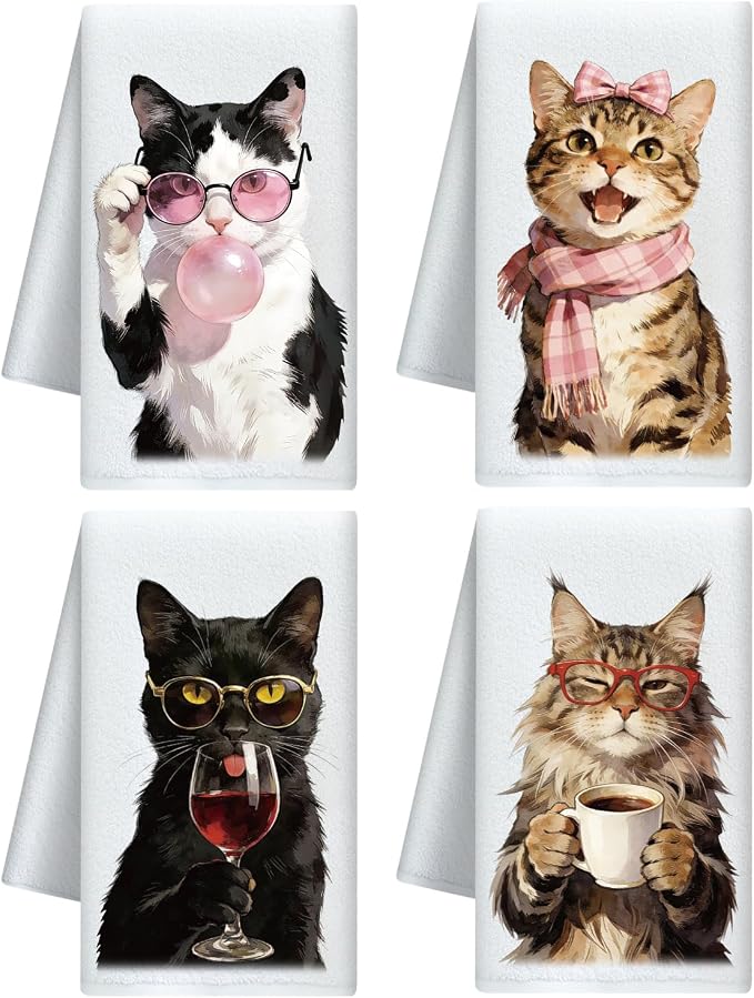 CUTHOLLOW Funny Cats Decorative Kitchen Towels Set of 4, 15.74"x23.62" Soft & by CUTHOLLOW