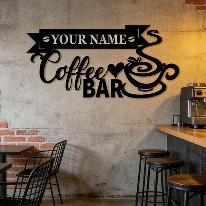 Personalized Coffee Metal Sign, Custom Coffee Bar Name Plaque, Retro Cafe by Toralab