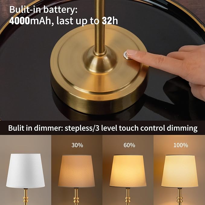 ONEWISH Small Cordless Lamp Dimmable-Battery Operated Table lamp, 4000mAh - Image 3