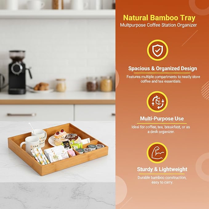 Natural Bamboo Coffee Station Organizer Tray – Multipurpose Storage - Image 4