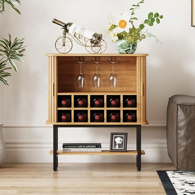 Wine Cabinet with Storage, Liquor Cabinet with Sliding Doors & Open Wine Rack by LMSXG-MZ