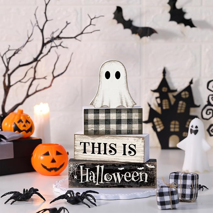 Lineshading 4 Pcs Ghost Halloween Decor Black and White Halloween Tiered Tray - Image 2