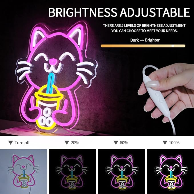 Cat Boba Tea Neon Sign for Wall Decor Dimmable Cute Cat Led Light Signs Bubble - Image 4