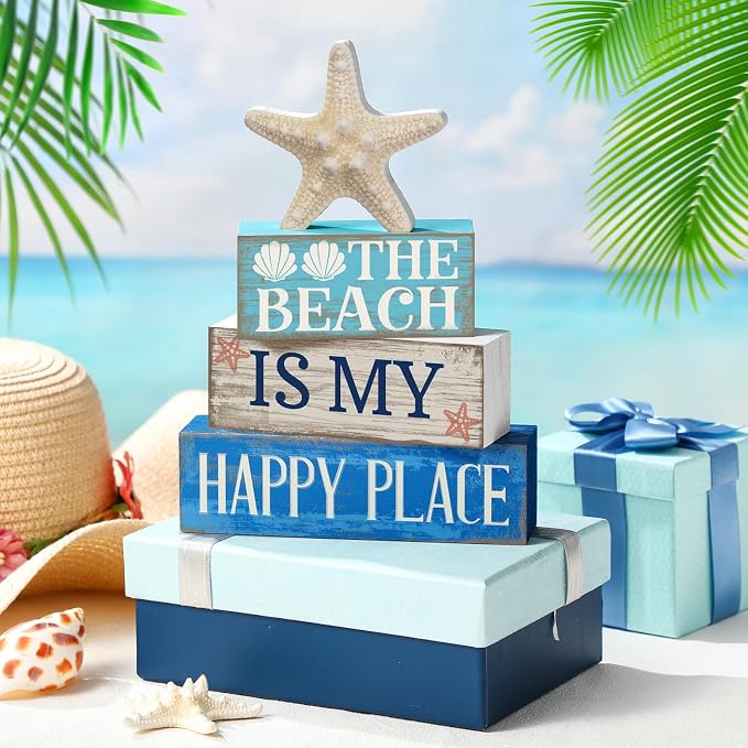 Moucuny 4 Pcs Summer Table Decoration Beach Tiered Tray Decor Starfish Coastal - Image 2