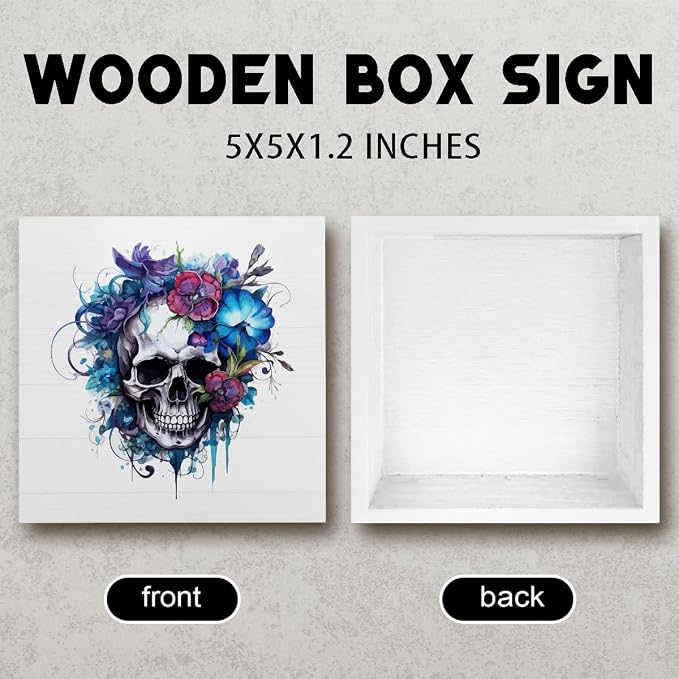 Cute Aesthetic Halloween Gothic Wooden Box Sign Butterfly Skeleton Desk Decor - Image 2