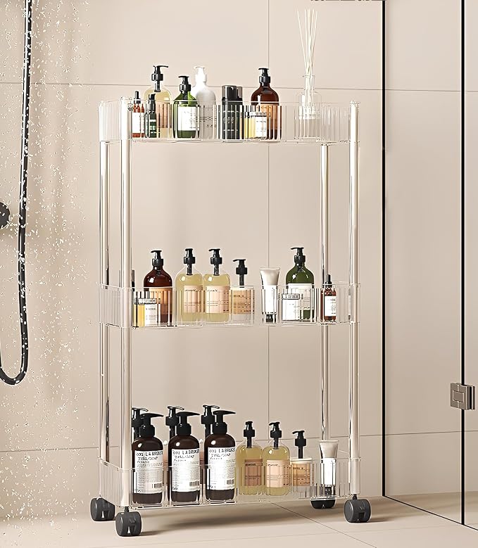 Sooyee Slim Clear 3-Tier Plastic Rolling Utility Cart - Image 3