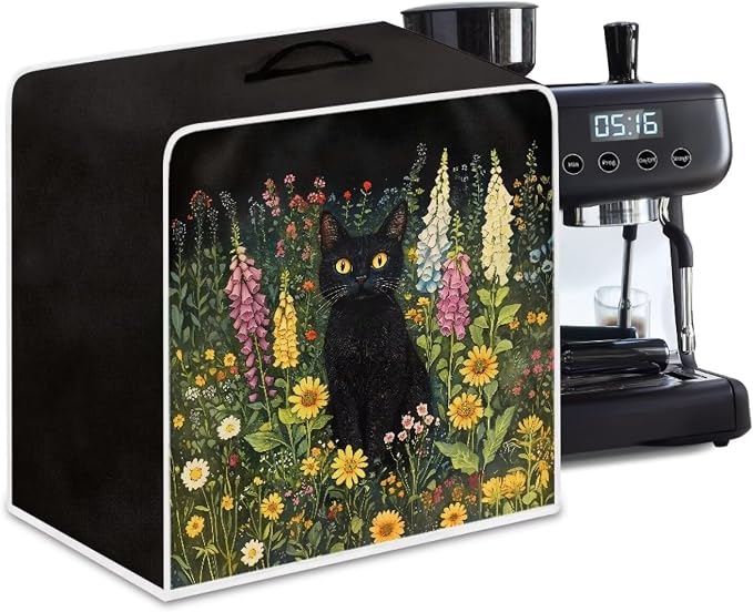 Coffee Machine Covers with Top Handle Black Cat Flower Print Washable Dust by Kathyboom