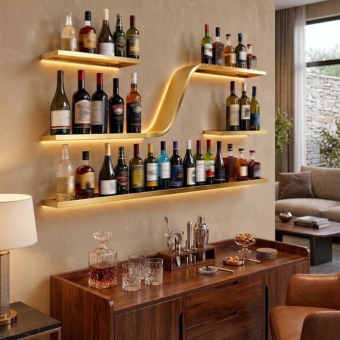 Wall Mounted Wine Rack with LED Lights, Modern Curved Design Floating Bar by flowercart
