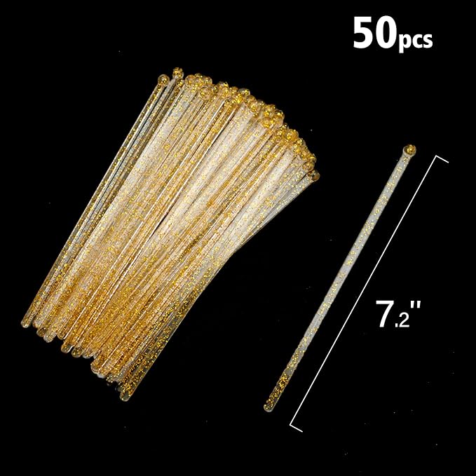 hapray 50-PCS Gold Glitter Plastic Swizzle Sticks, Crystal Cake Pops, Cocktail - Image 6