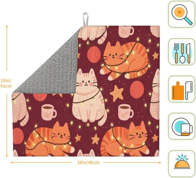 Drying Mat For Kitchen Dish Drying Drainer Mat Absorbent Cats String Lights - Image 5