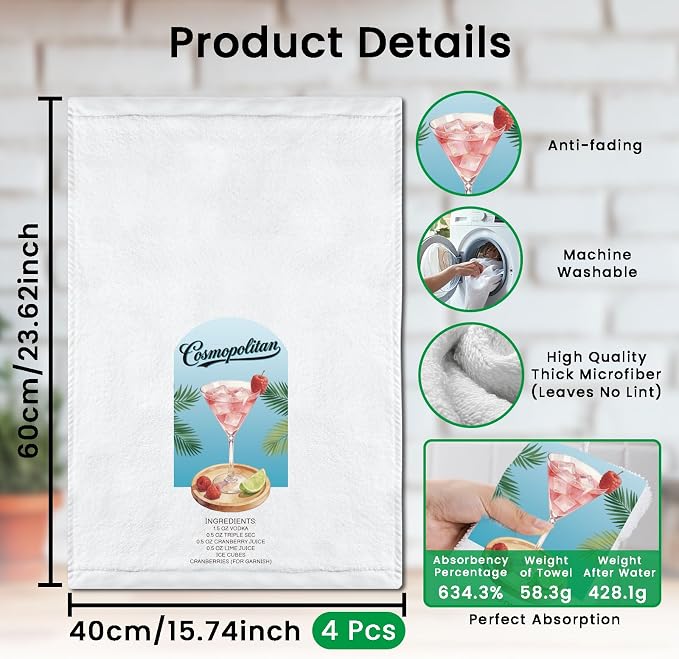 CUTHOLLOW Cocktails & Recipe Decorative Kitchen Towels Set of 4, 15.74"x23.62" - Image 2