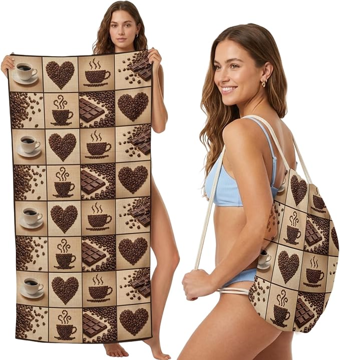 2-in-1 Beach Towel Backpack 31"x63", Heart Shape Coffee Beans Microfiber Bath by Unknown